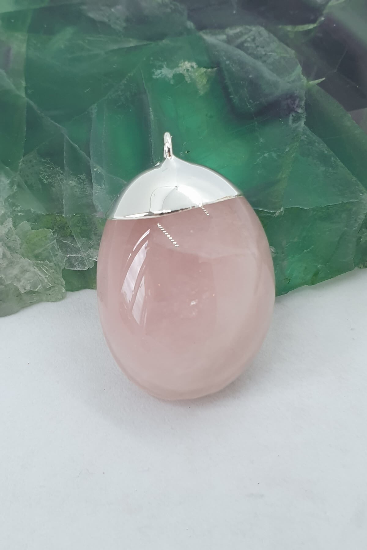 İri Boy Gümüş Rengi Kaplamalı Pembe Kuvars Kolye Ucu