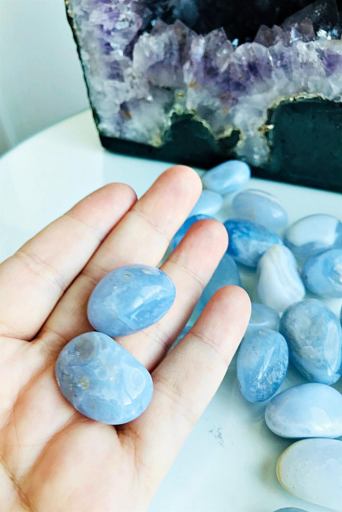 Kristal zgaralar için Küçük tamburlu Mavi Dantel Akik taşı