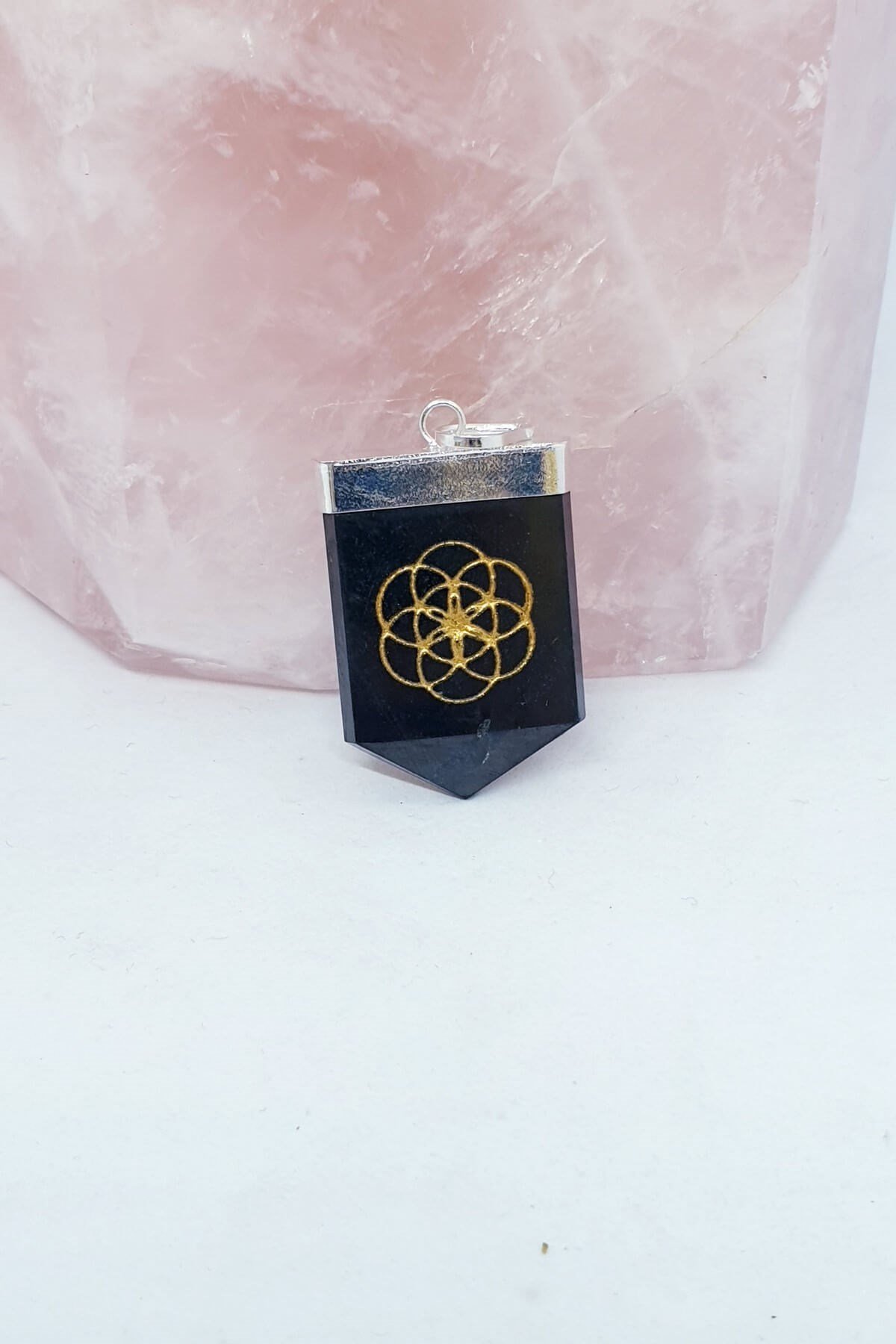 Shungite Doğal Taş Yaşam Çiceği Sembollu Kolye Ucu