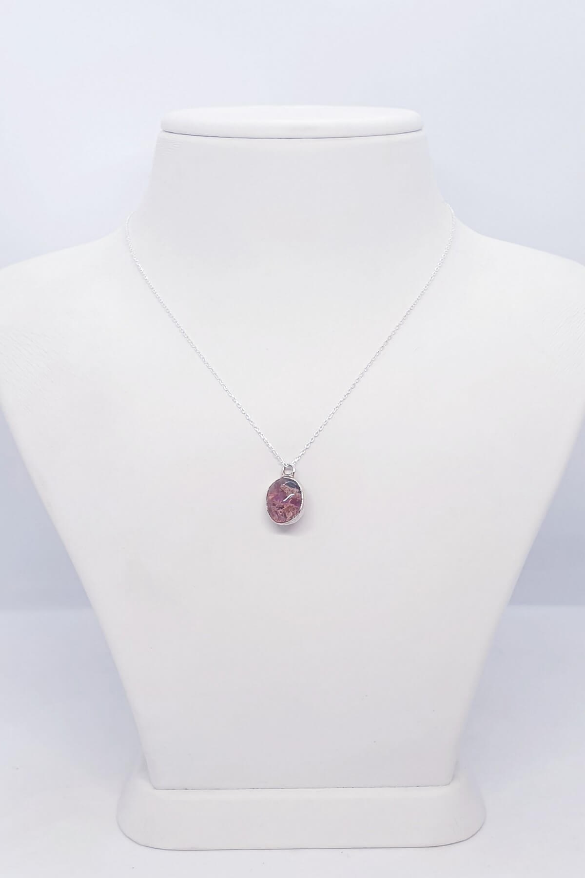 Tamburlanmış Pembe Yosunlu Akik Kolye