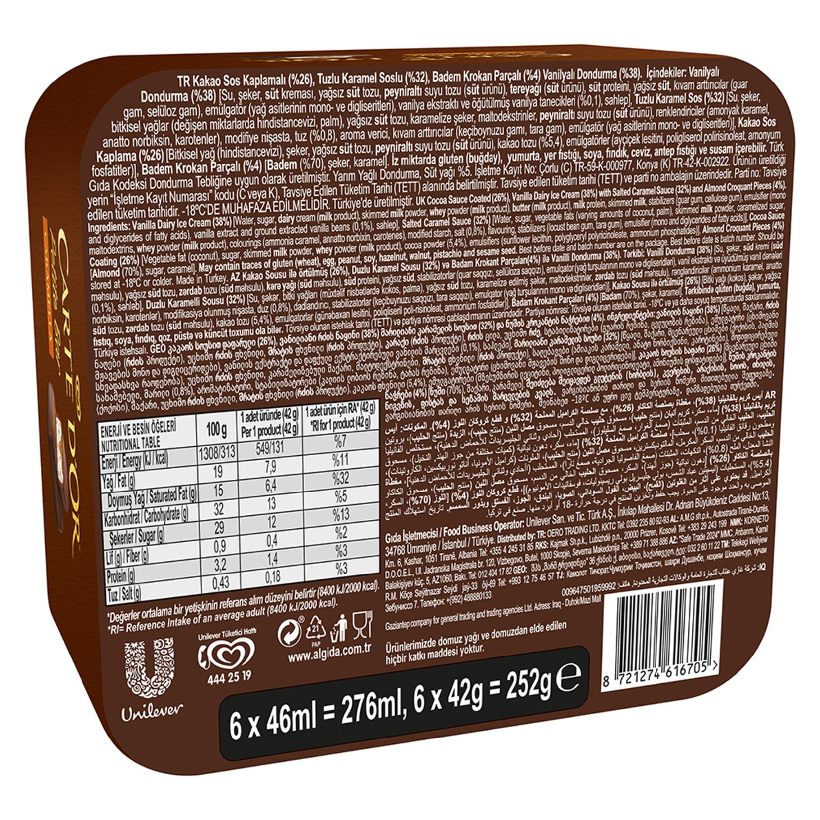 DondurmaAlgida Cartedor Petite Bar Caramella 6lı 276 ml