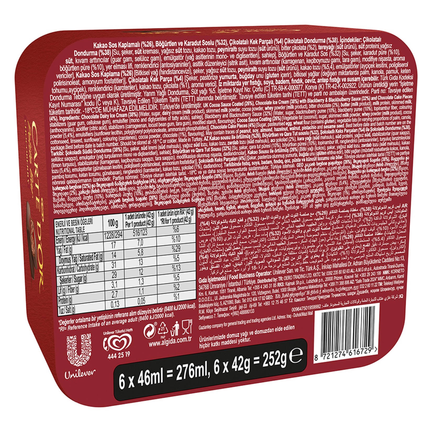 DondurmaAlgida Cartedor Petite Bar Chocoberry 6lı 276 ml