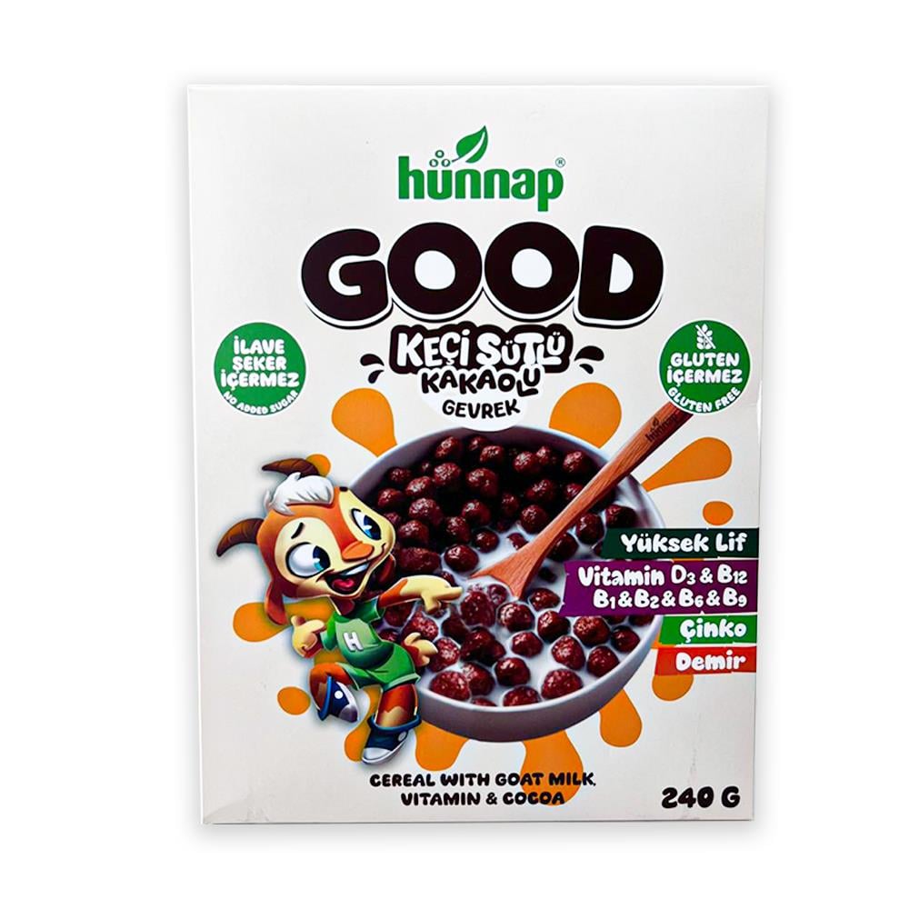 Mısır GevreğiHünnap Good Keçi Sütlü Vitaminli Kakaolu Gevrek 240 gr Şekersiz