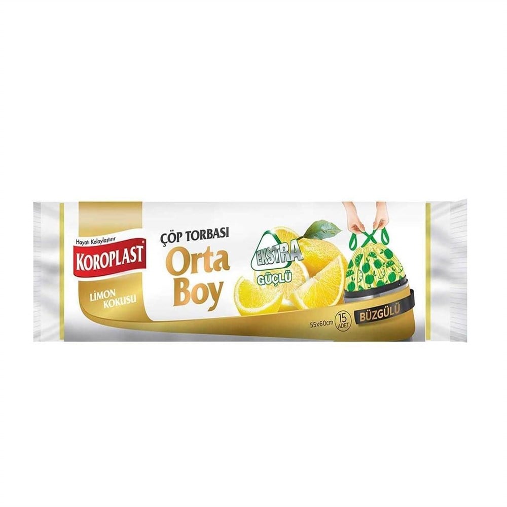 Koroplast Büzgülü Limon Kokulu Orta Boy Çöp Torbası 15'li 55*60 cm