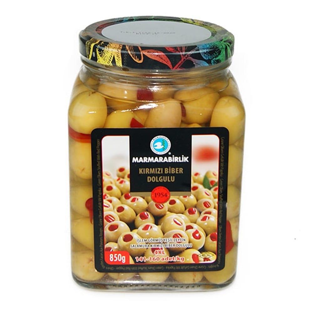 Marmara Birlik Yeşil Zeytin Kırmızı Biber Dolgulu (XL) 850 Gr