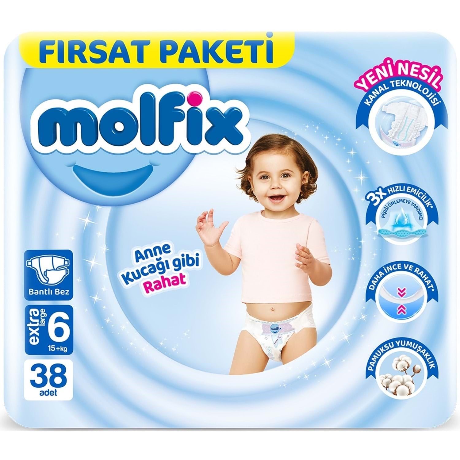 Bebek BezleriMolfix Bantlı Bebek Bezi Fırsat Pk Extra Large Beden:6 (15+kg) 38 li