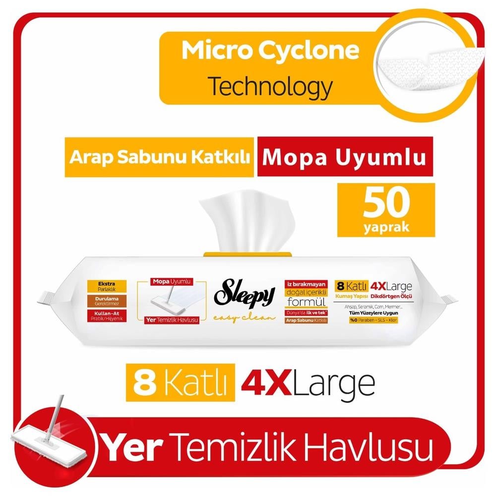 Temizlik BeziSleepy Easy Clean Arap Sabun Katkılı Mopa Uyumlu Yer Temizlik Havlusu 50 Yaprak