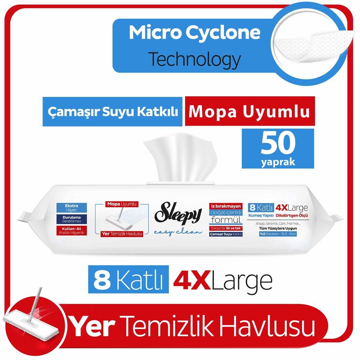 Temizlik BeziSleepy Easy Clean Çamaşır Suyu Katkılı Mopa Uyumlu Yer Temizlik Havlusu 50 Yaprak