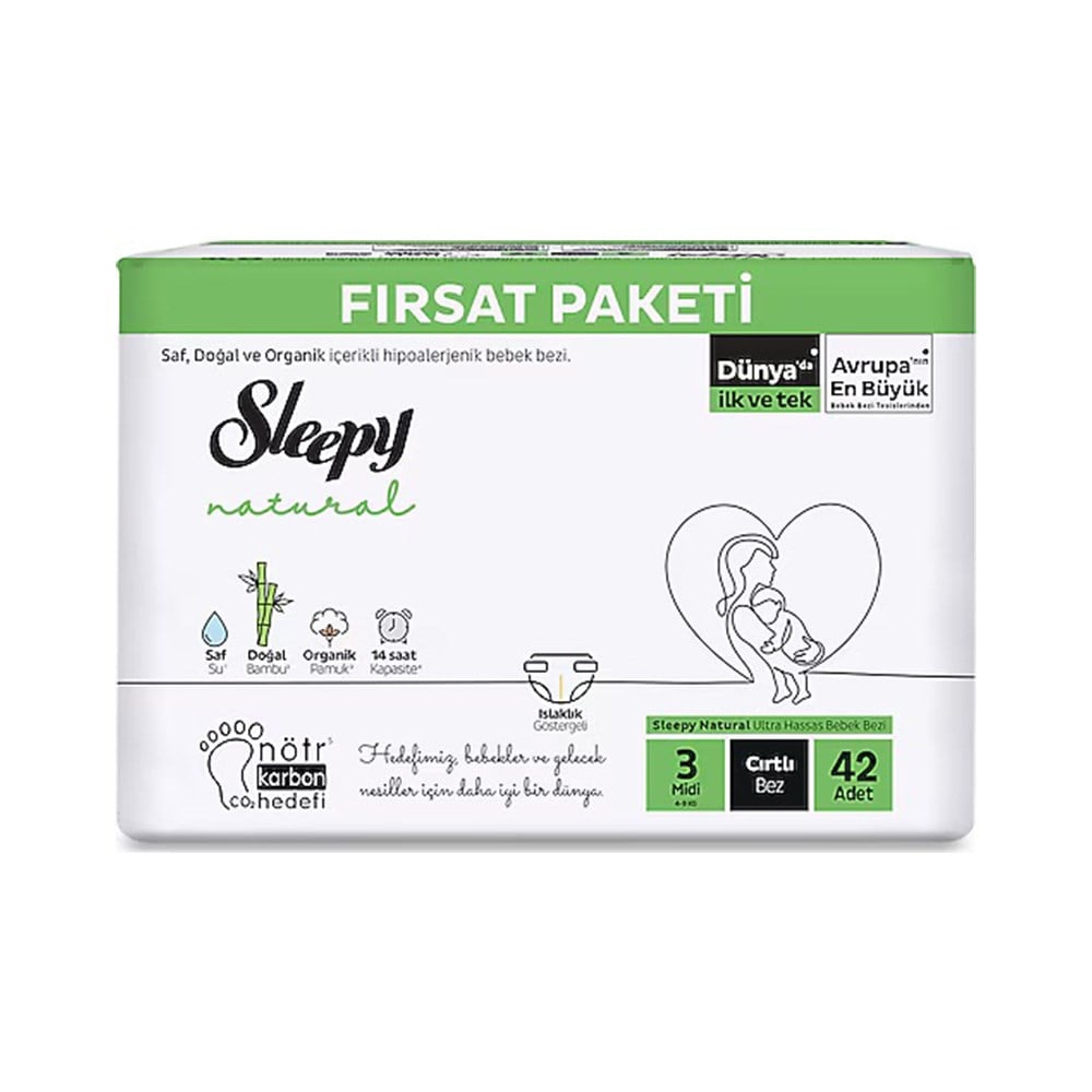 Bebek BezleriSleepy Natural Double Soft Fırsat Paket Bebek Bezi Midi No:3 4-9 kg 42 Adet