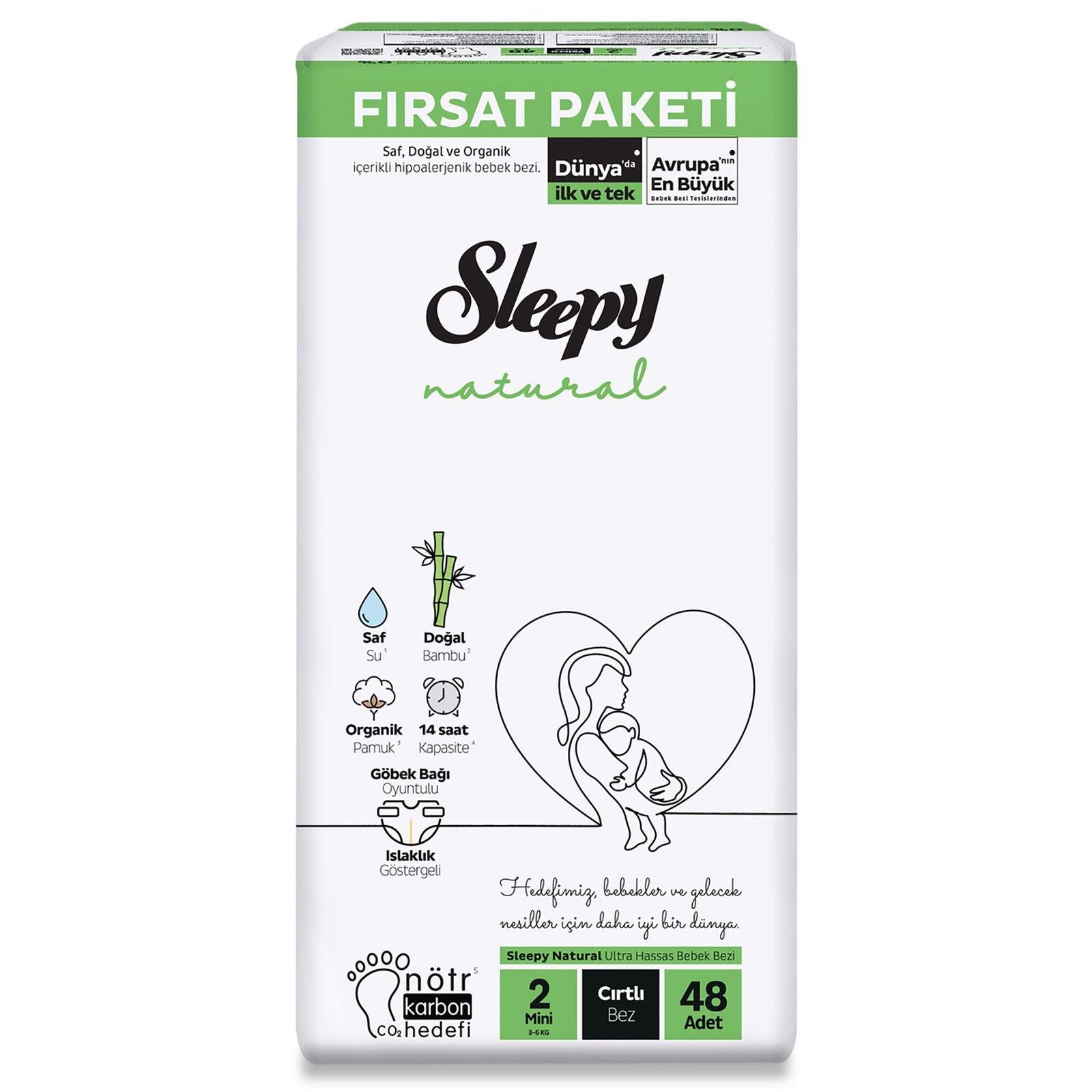 Bebek BezleriSleepy Natural Fırsat Paket 2 li Bebek Bezi Mini No:2 3-6 kg 48 Adet