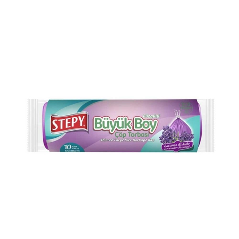 Çöp PoşetiStepy Büyük Boy Çöp Torbası Büzgülü Lavanta Kokulu 10 Adet ( 65*80 cm )