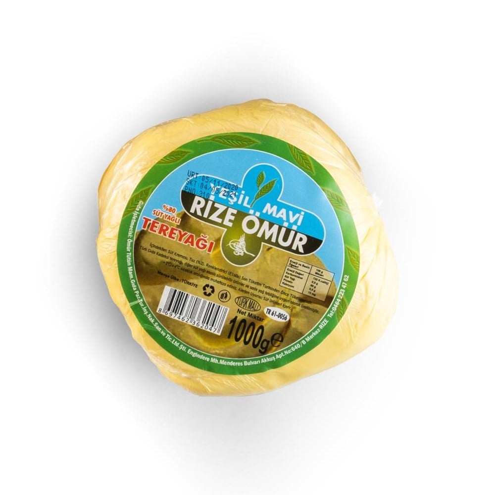 Yeşil Mavi Rize Ömür Tereyağı 1000 gr Topak %82 yağlı