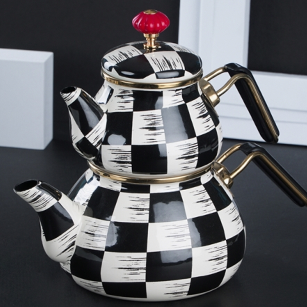 Acar Dama Dekor Emaye Tombul Çaydanlık Takımı 0232