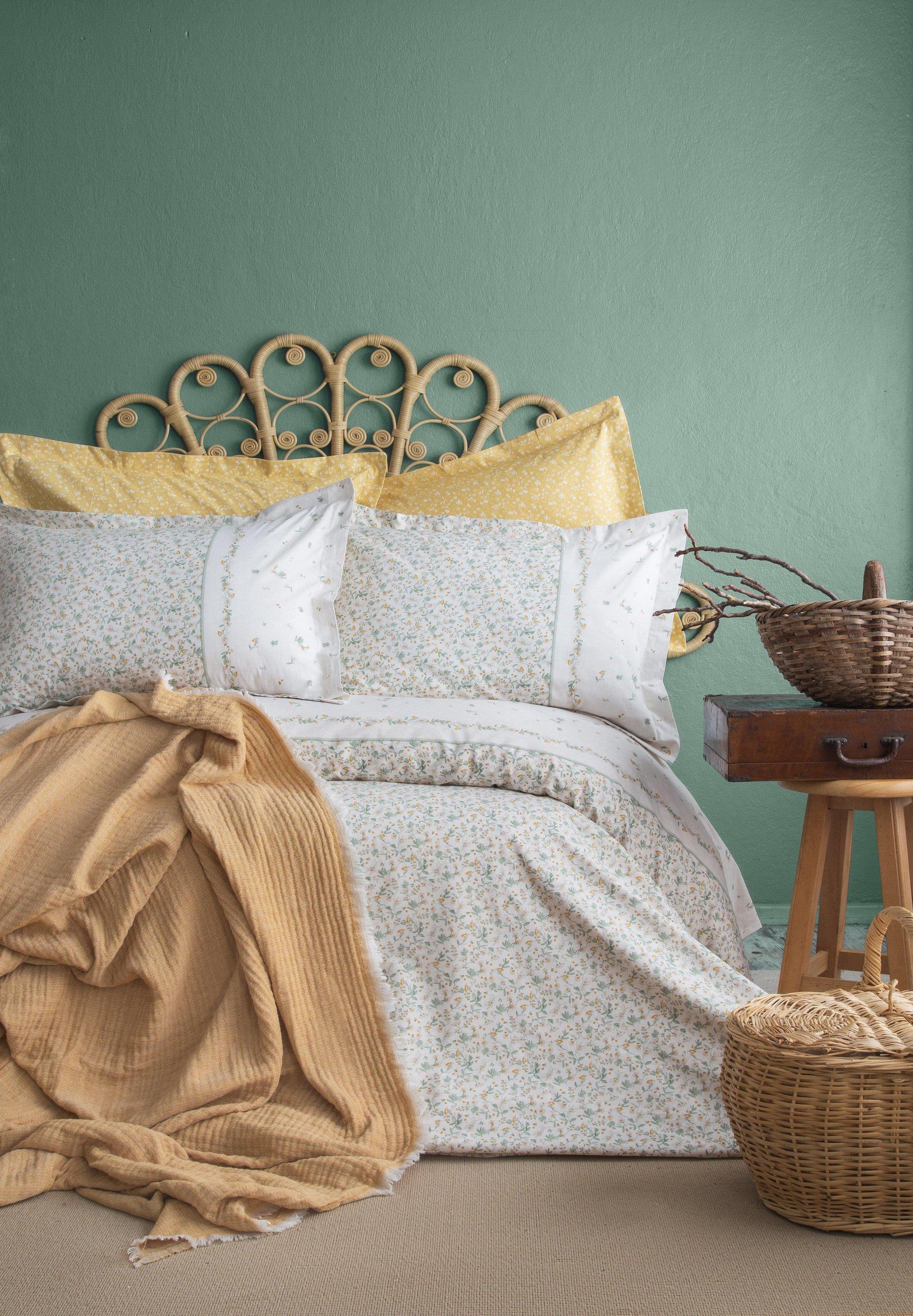 Apricitas Çift Kişilik Muslın Pıke Takımı Nevresim Set Sage Hardal