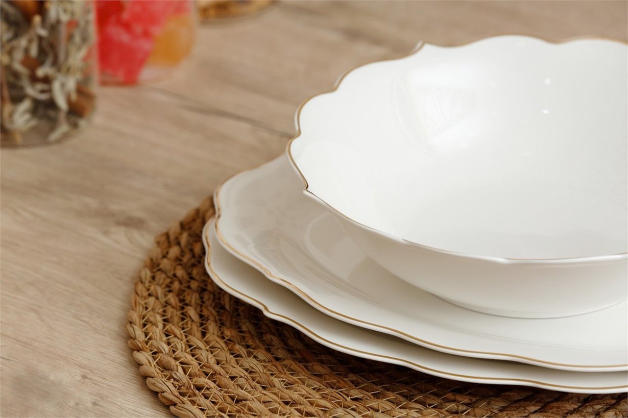 Arow Pink&more Altın Yaldızlı Beyaz 3'lü Tabak Kase Servis Seti