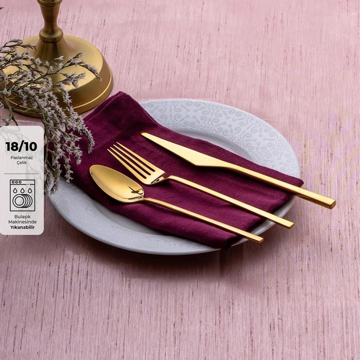 Emsan Alba 18 Parça Parlak Gold Tatlı Kutulu Çatal Kaşık Bıçak Takımı