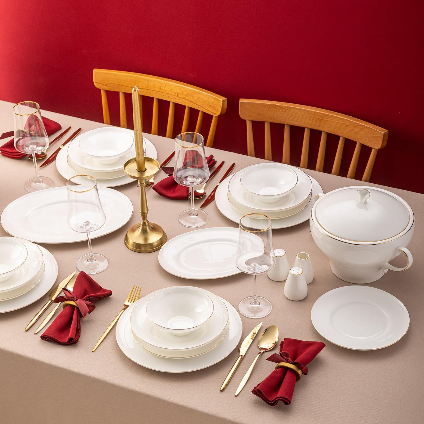 Emsan Alicia Fine Bone 60 Parça 12 Kişilik Yuvarlak Yemek Takımı Gold