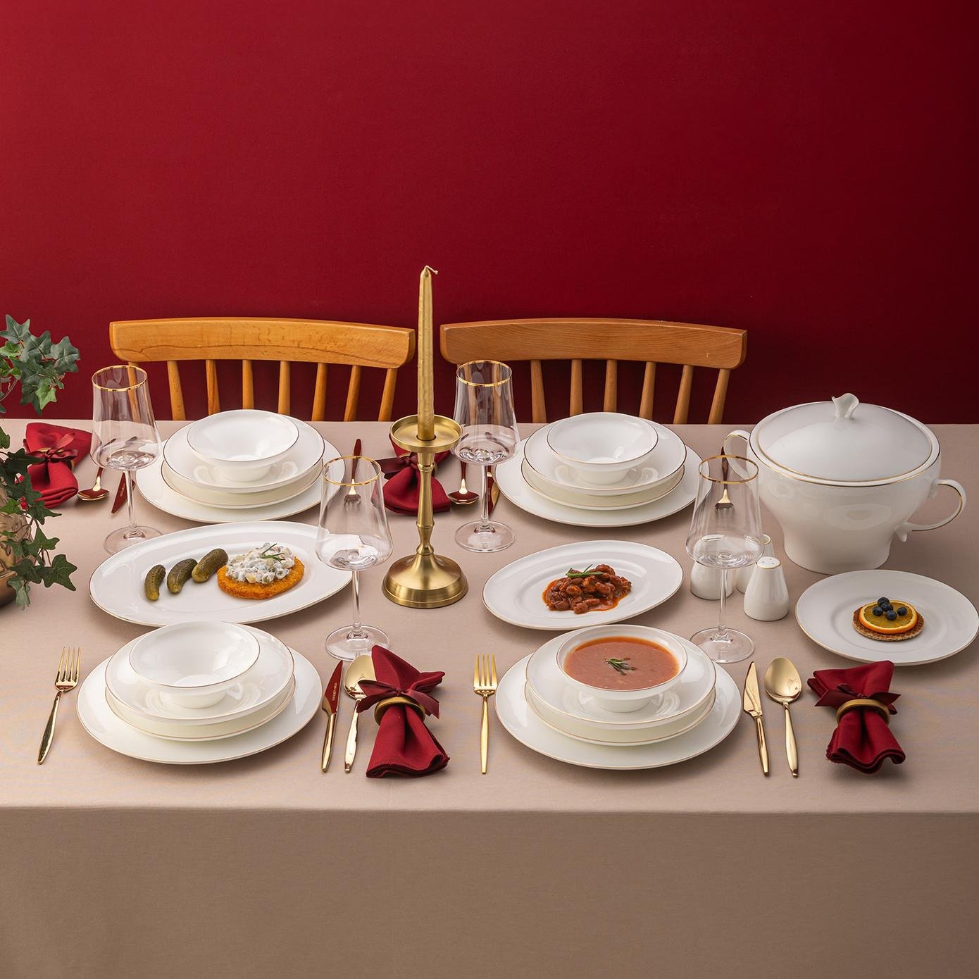 Emsan Alicia Fine Bone 60 Parça 12 Kişilik Yuvarlak Yemek Takımı Gold