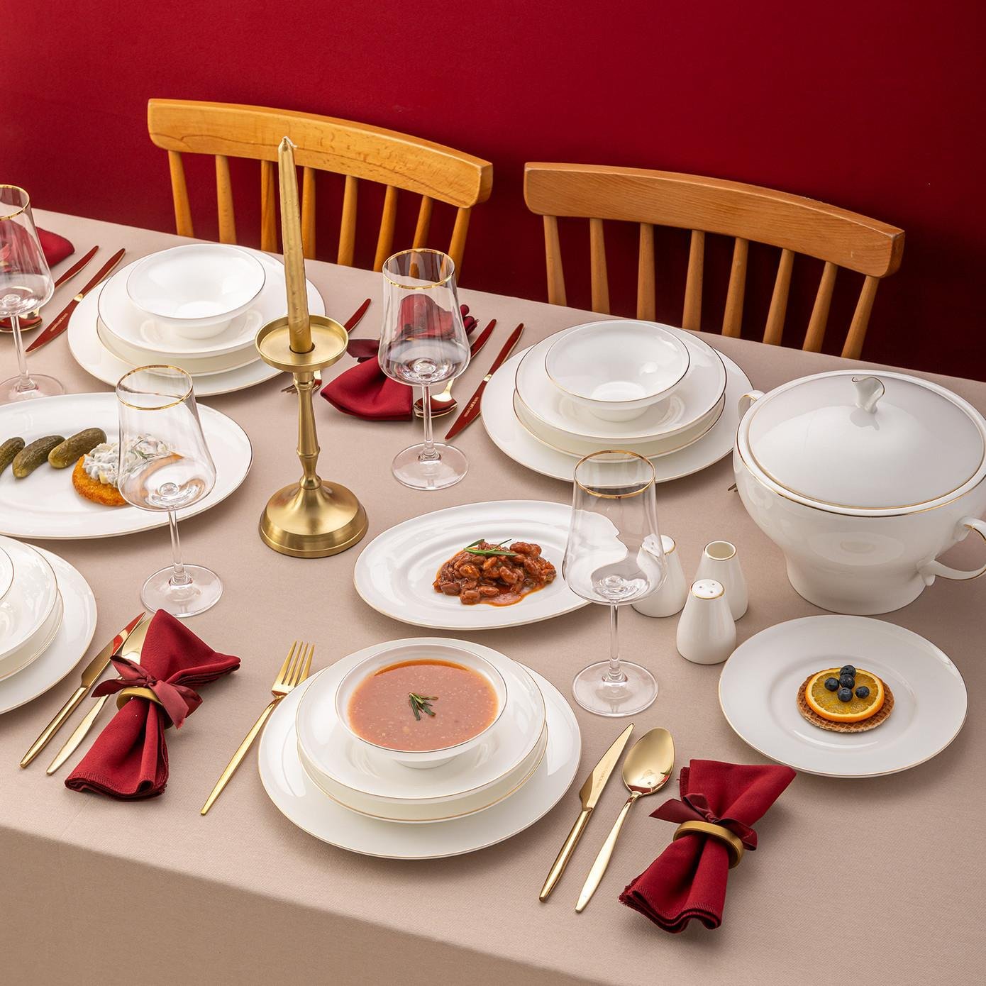Emsan Alicia Fine Bone 60 Parça 12 Kişilik Yuvarlak Yemek Takımı Gold