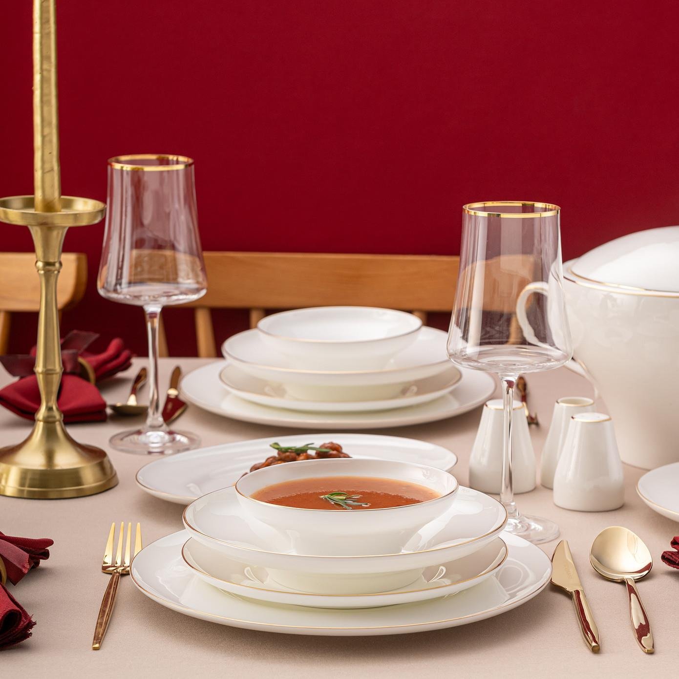 Emsan Alicia Fine Bone 60 Parça 12 Kişilik Yuvarlak Yemek Takımı Gold
