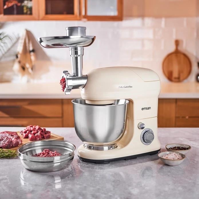 Emsan Bella Gusto Maxi Krem Kıyma Çekme /Sucuk-Sosis/İçli Köfte Aparatlı/Smooth Hazneli Hamur Yoğurma Makinesi 1300W 5L