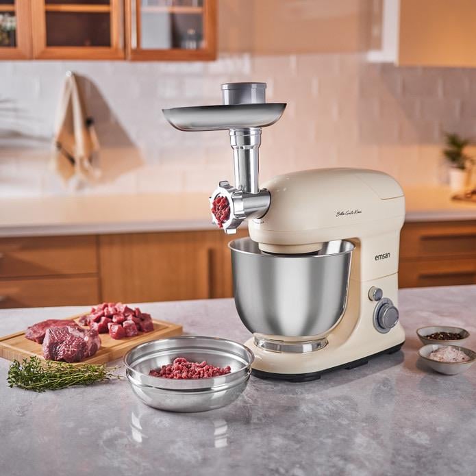 Emsan Bella Gusto Maxi Krem Kıyma Çekme /Sucuk-Sosis/İçli Köfte Aparatlı/Smooth Hazneli Hamur Yoğurma Makinesi 1300W 5L