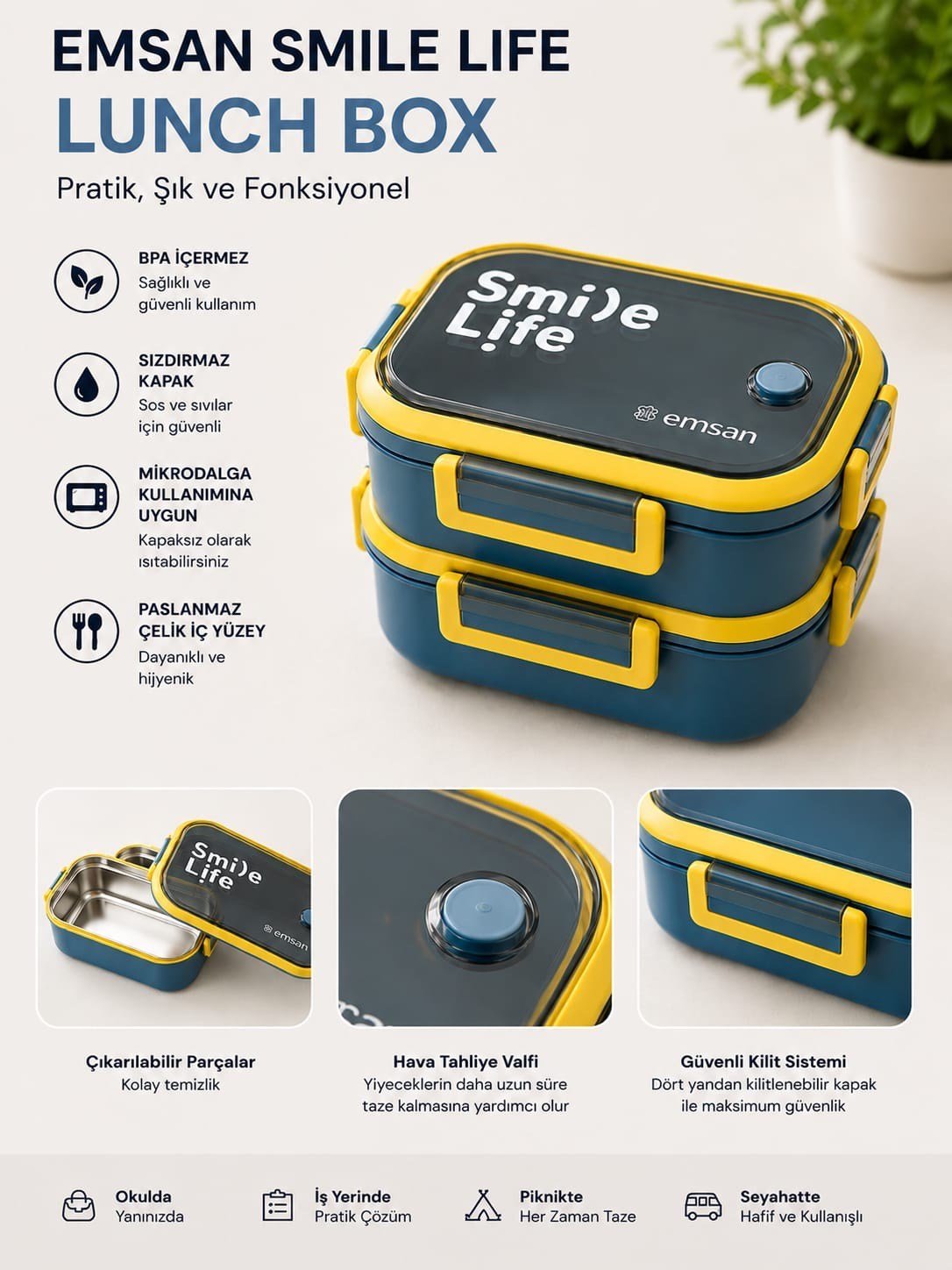 EMSAN LUNCH BOX CIFT KATLI SMILE LIFE BLUE