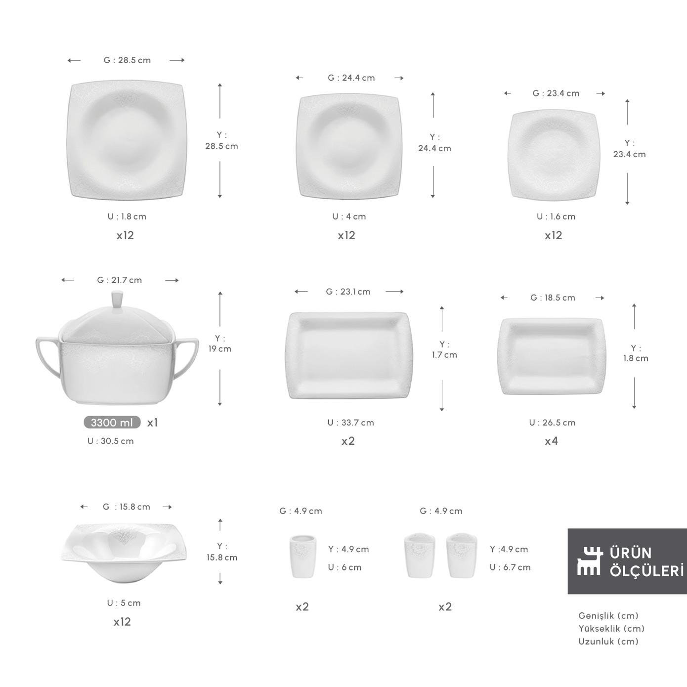 Karaca Fine Pearl Helen 62 Parça 12 Kişilik İnci Yemek Takımı Kare