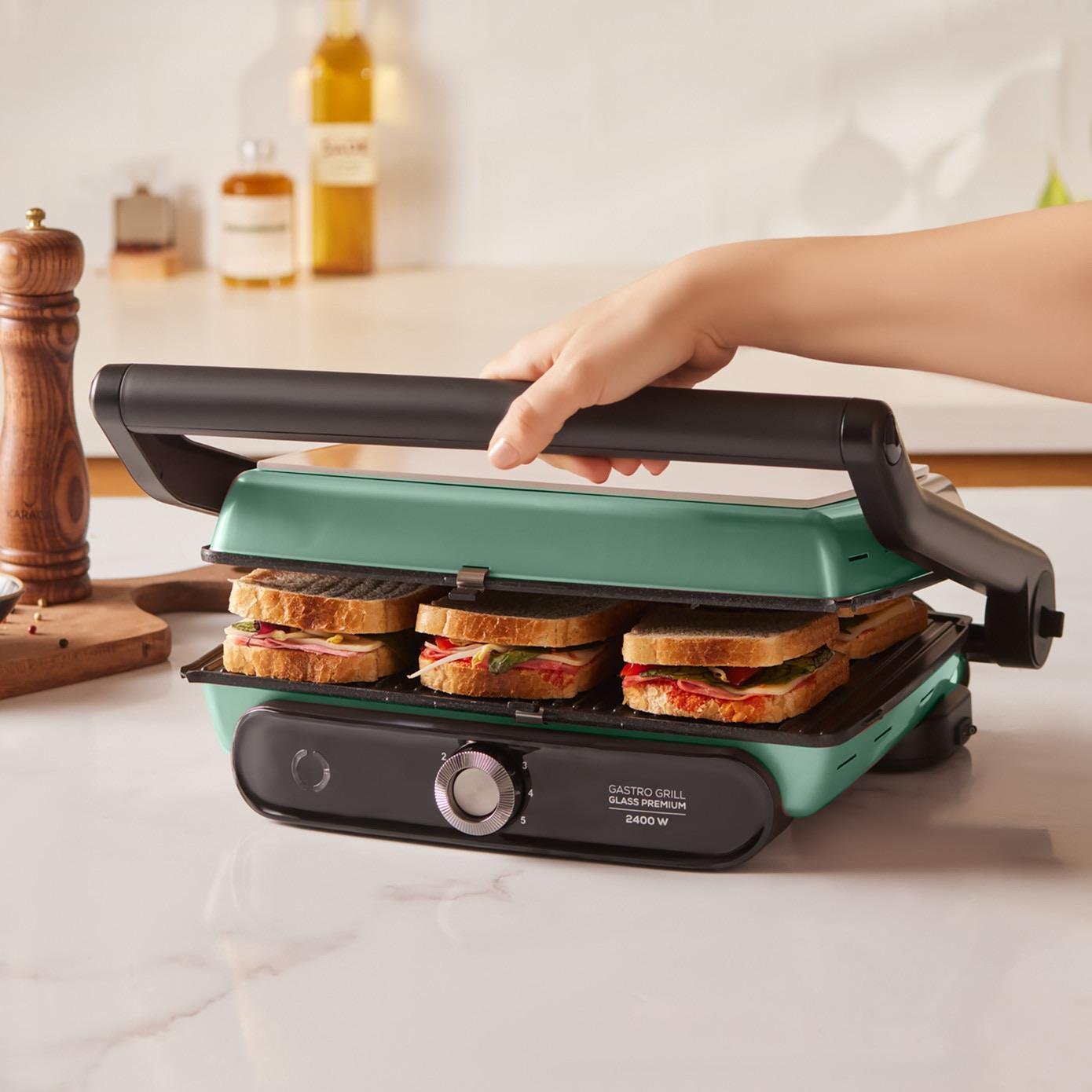 Karaca Gastro Grill Glass Premium 2400W Döküm Tost ve Izgara Makinesi Blue Mist 6 Dilim Kapasiteli