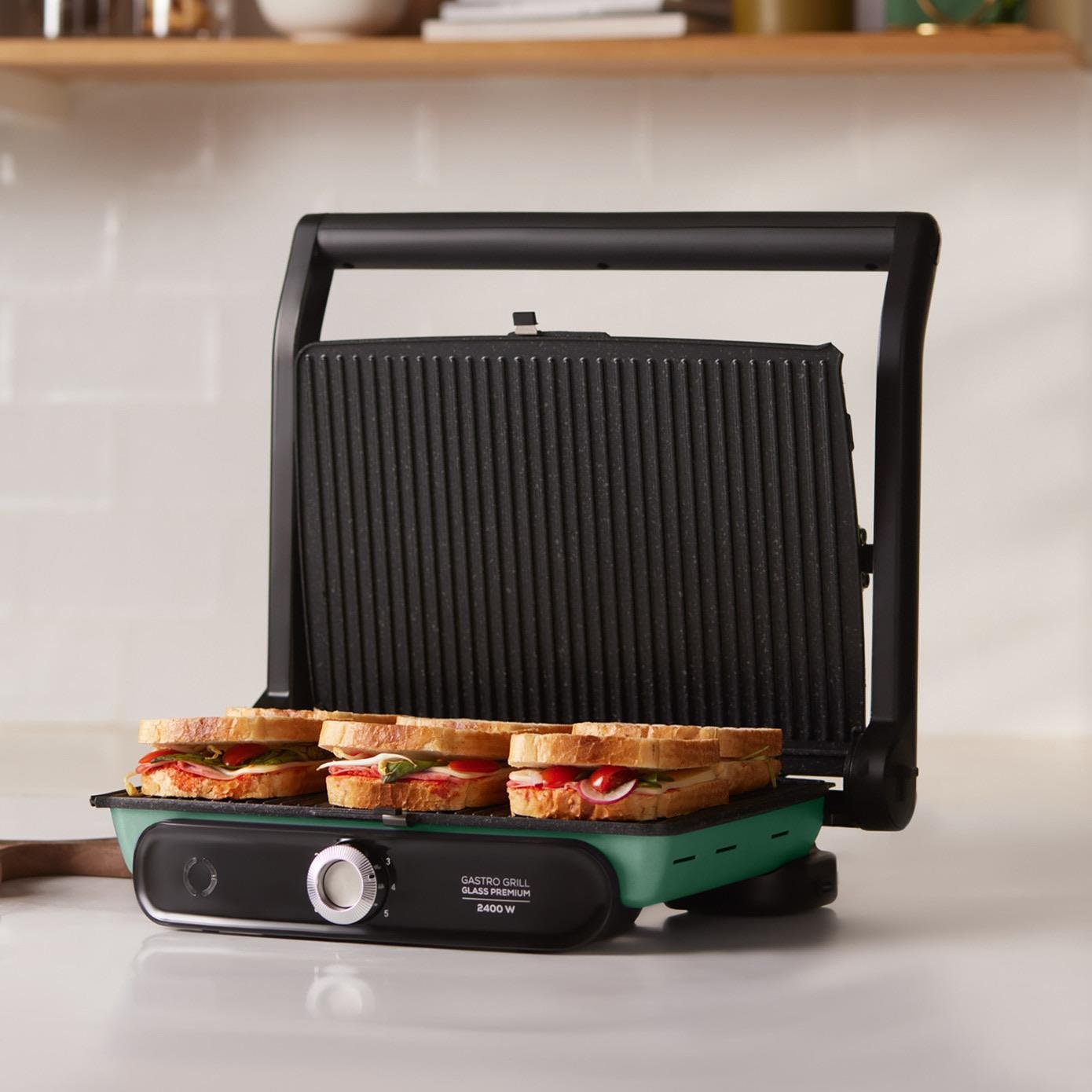 Karaca Gastro Grill Glass Premium 2400W Döküm Tost ve Izgara Makinesi Blue Mist 6 Dilim Kapasiteli