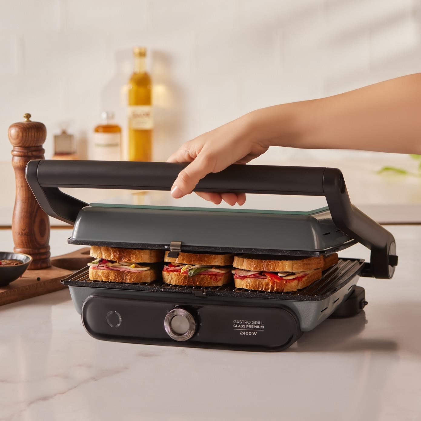 Karaca Gastro Grill Glass Premium 2400W Döküm Tost ve Izgara Makinesi Antrasit
