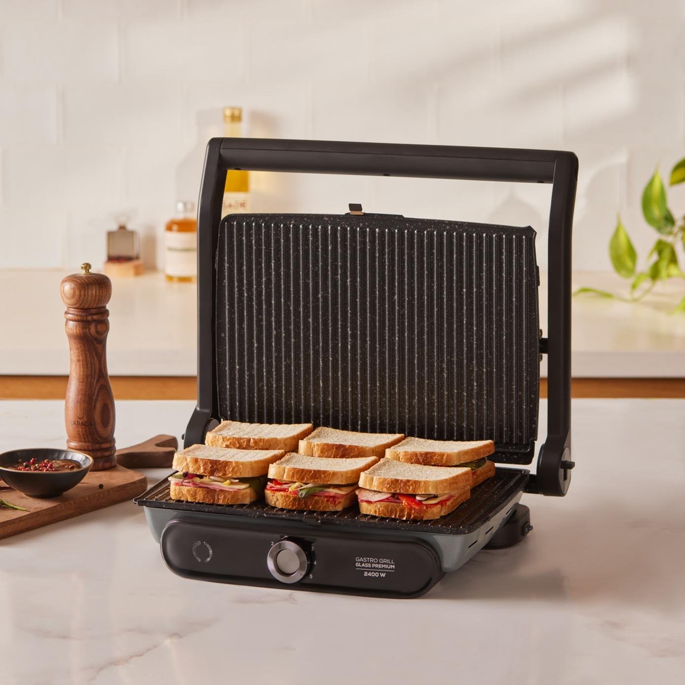 Karaca Gastro Grill Glass Premium 2400W Döküm Tost ve Izgara Makinesi Antrasit