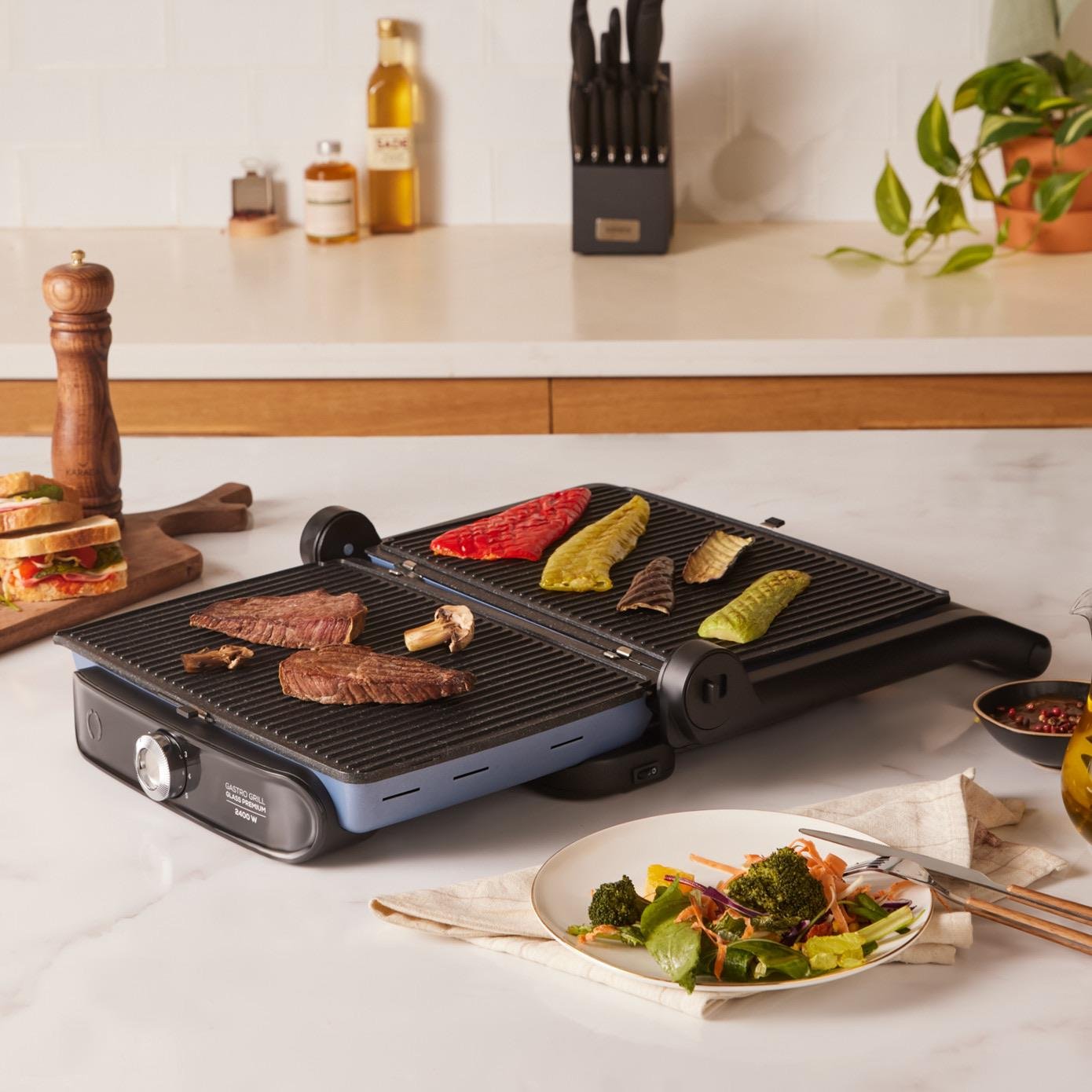 Karaca Gastro Grill Glass Premium 6 Dilim Kapasiteli Döküm Tost ve Izgara Makinesi Ocean Wave 2400W