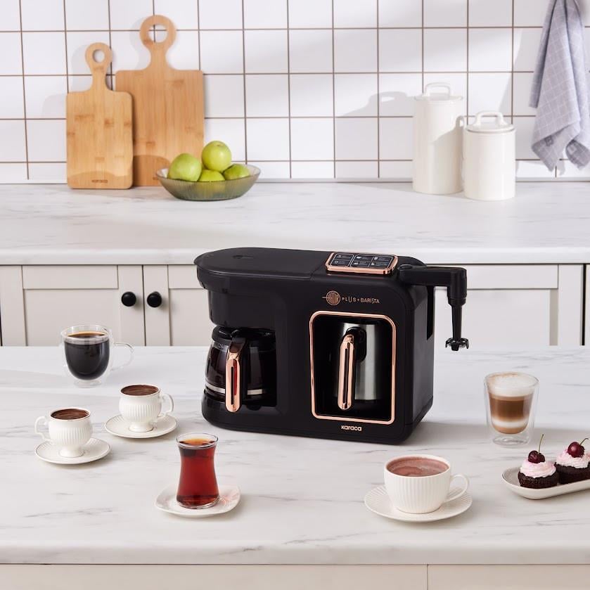 Karaca Hatır Plus Barista Steel 6 in 1 Konuşan Latte Cappuccino ve Közde Türk Kahve Makinesi Walnut Brown
