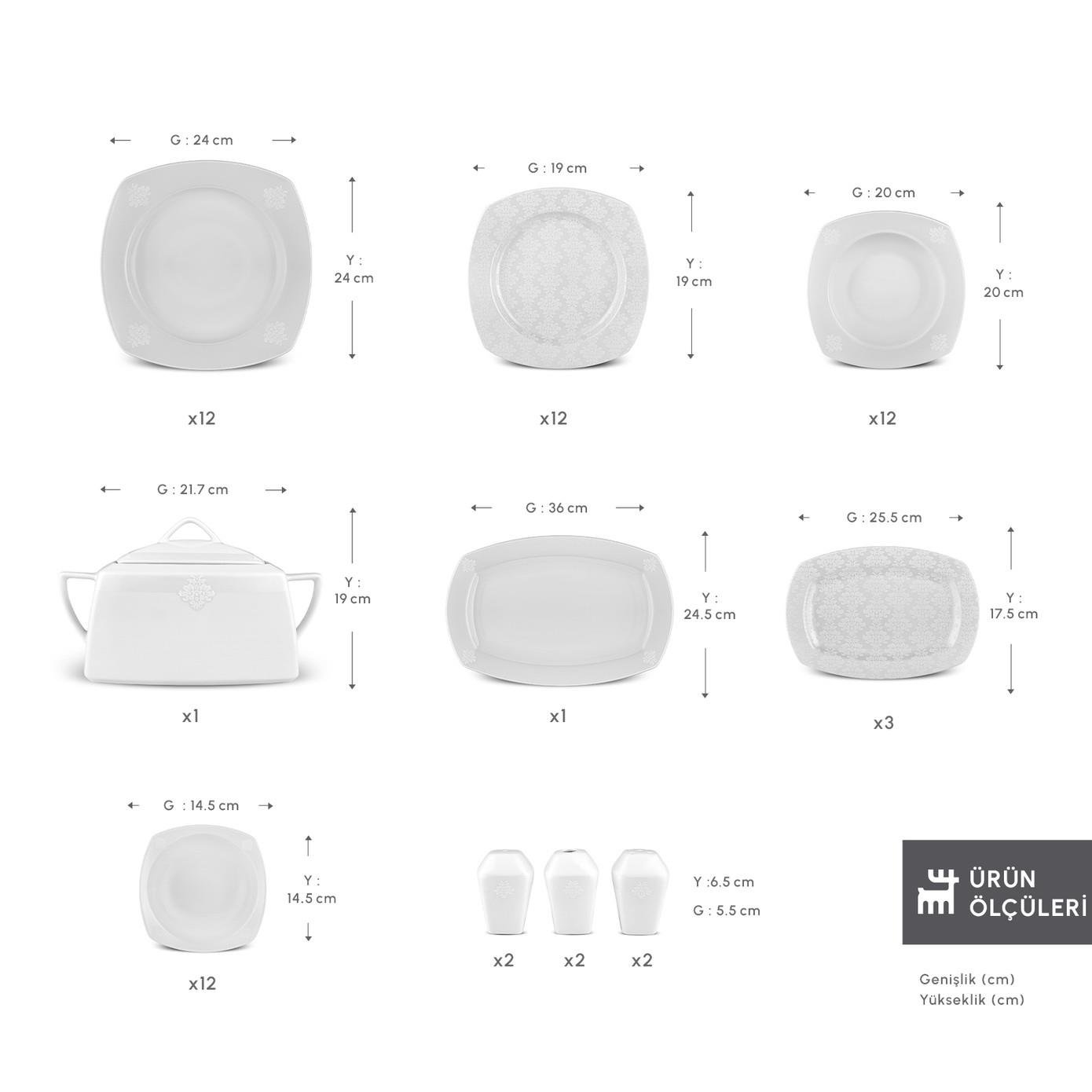 Karaca Square Bone Deren 60 Parça 12 Kişilik Yemek Takımı