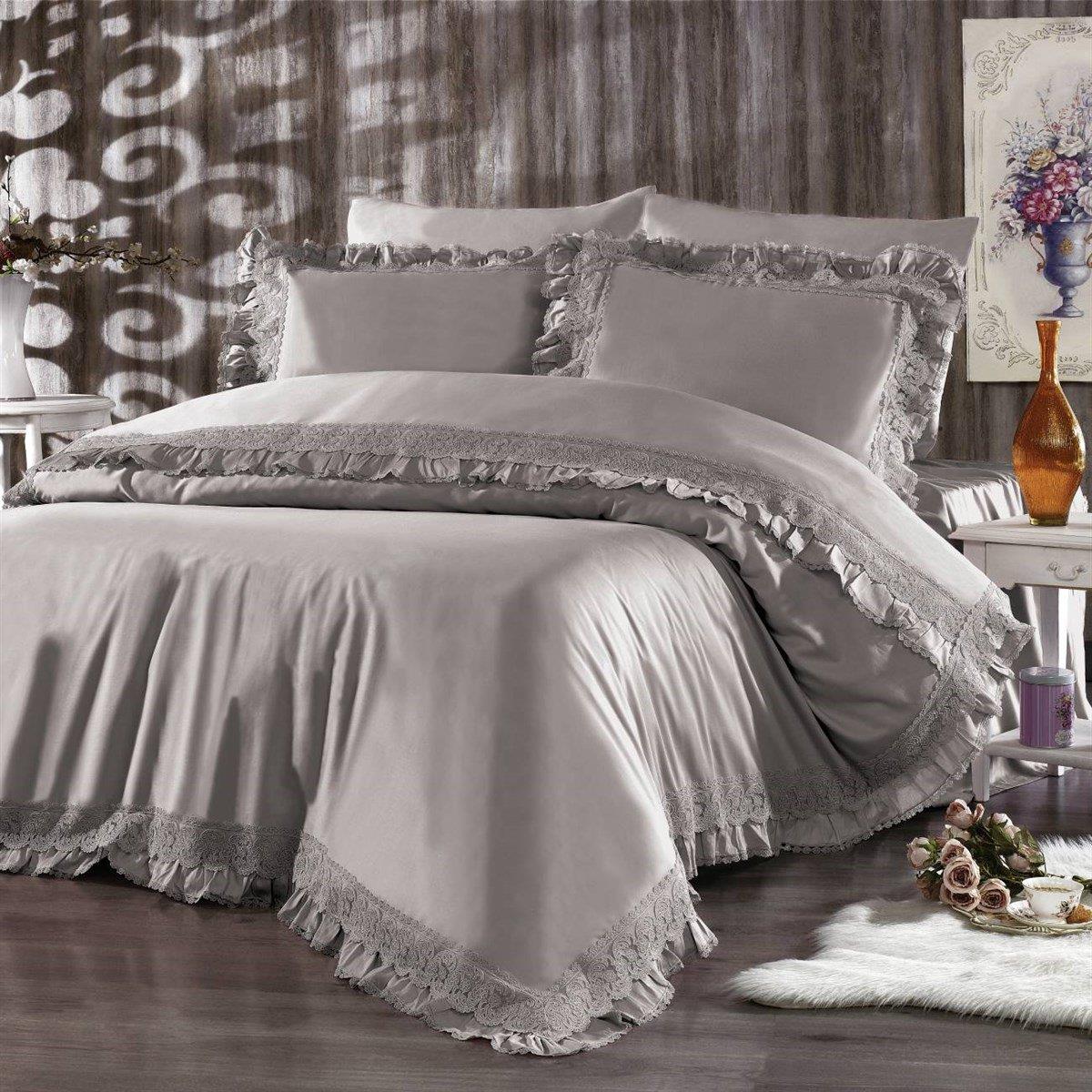 Nazik Home Helen Gri Pamuk Saten Nevresim Takımı Çift Kişilik