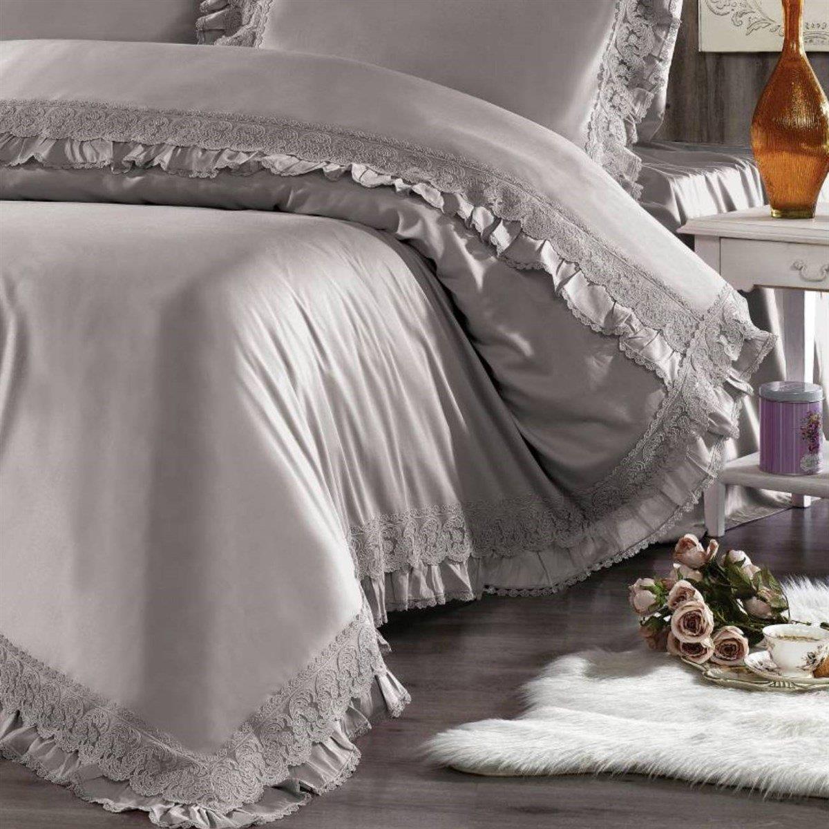 Nazik Home Helen Gri Pamuk Saten Nevresim Takımı Çift Kişilik