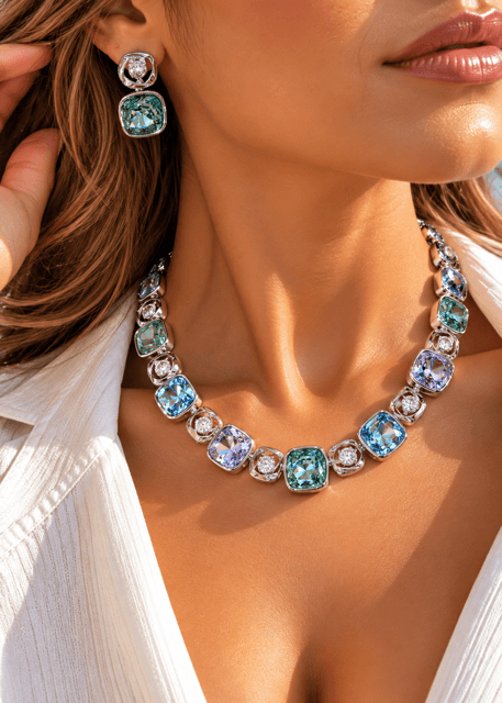 Premium Cristal Taşlı Çok Renkli Kolye ve Küpe
