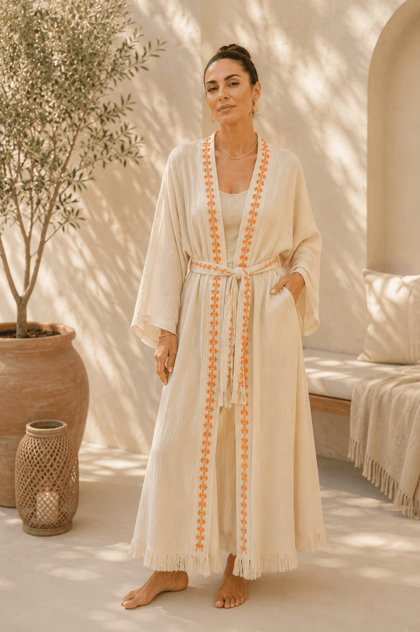 Sutaşı Nakış Detaylı Pamuk Müslin Kimono Bornoz & Kaftan