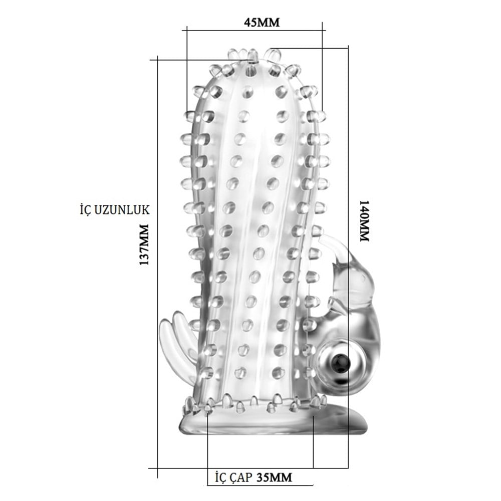 14 cm Titreşimli Şeffaf Tırtıklı Penis Kılıfı