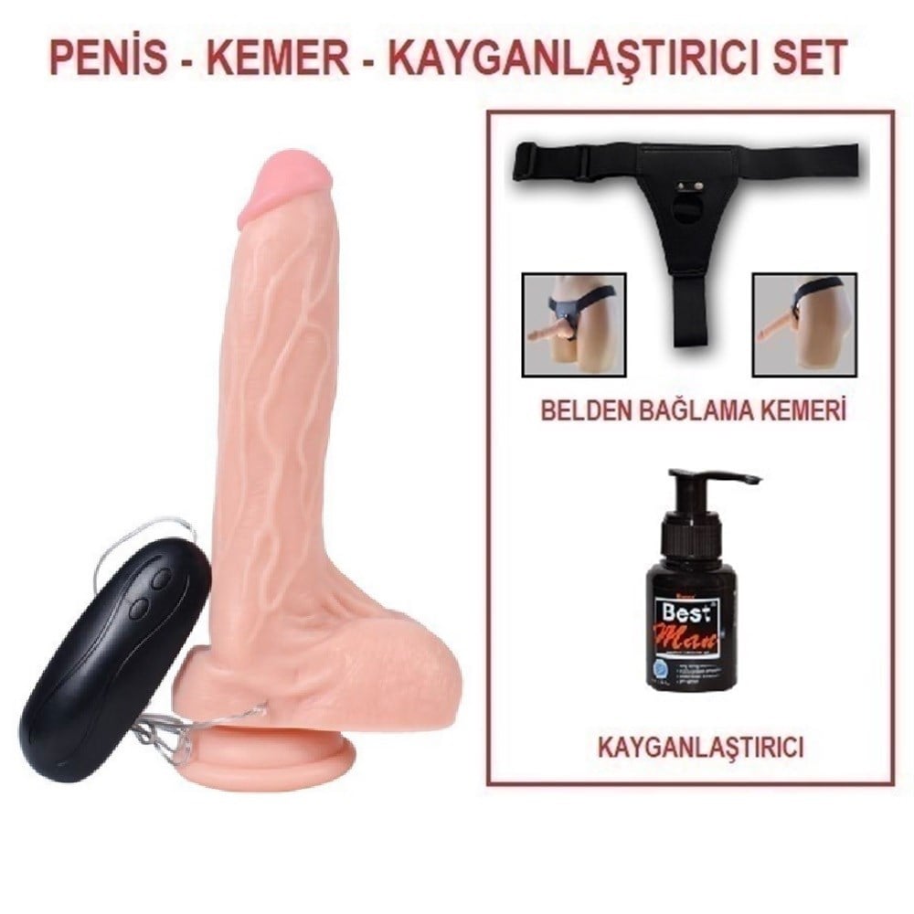 20,5 cm Belden Bağlamalı Gerçekçi Titreşimli Dildo Vibratör Penis Set 