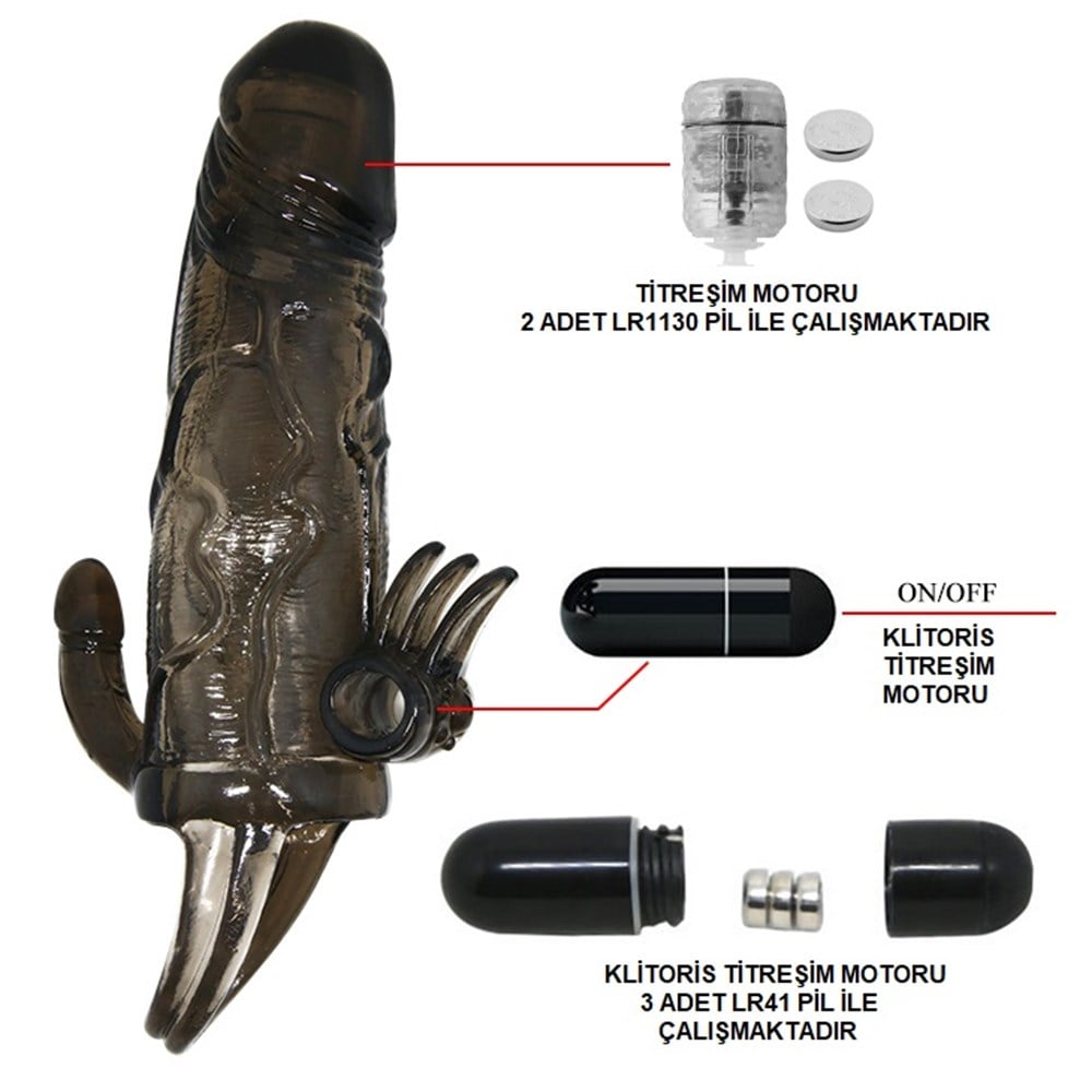 4 cm Uzatmalı Anal Vajinal ve Klitoral Uyarıcılı Titreşimli Penis Kılıfı