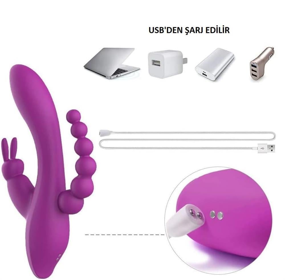 USB Şarjlı Klitoral & Anal Uyarıcılı Teknolojik Vibratör - Mor