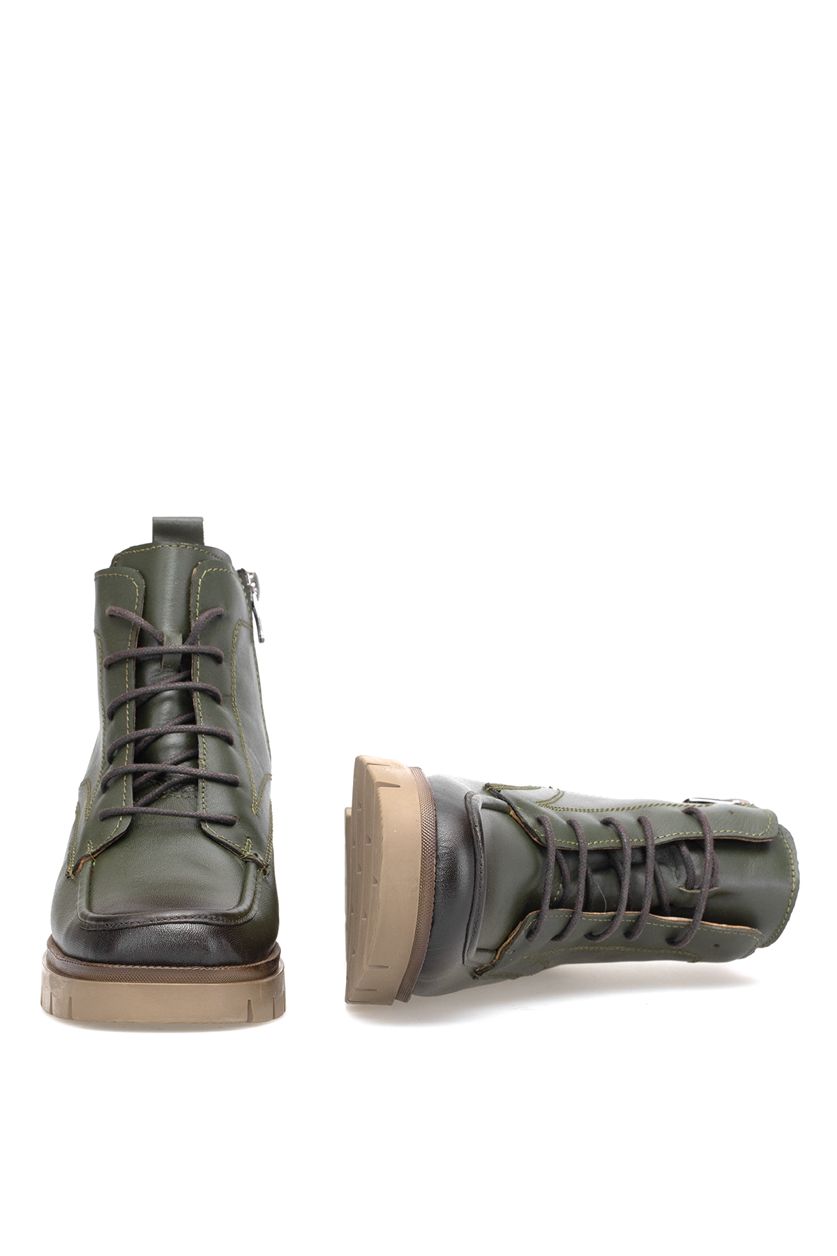 Elit Alvarine Kadın Hakiki Deri Topuklu Bot Haki