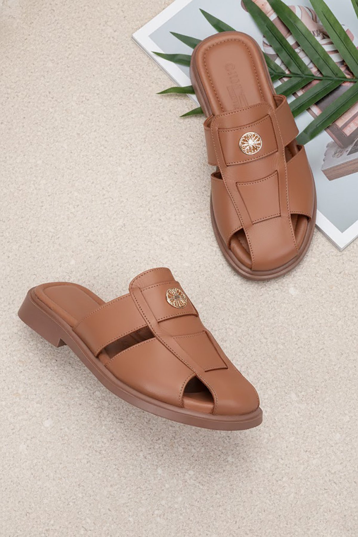 Elit ASVR432 Kadın Hakiki Deri Düz Terlik Taba