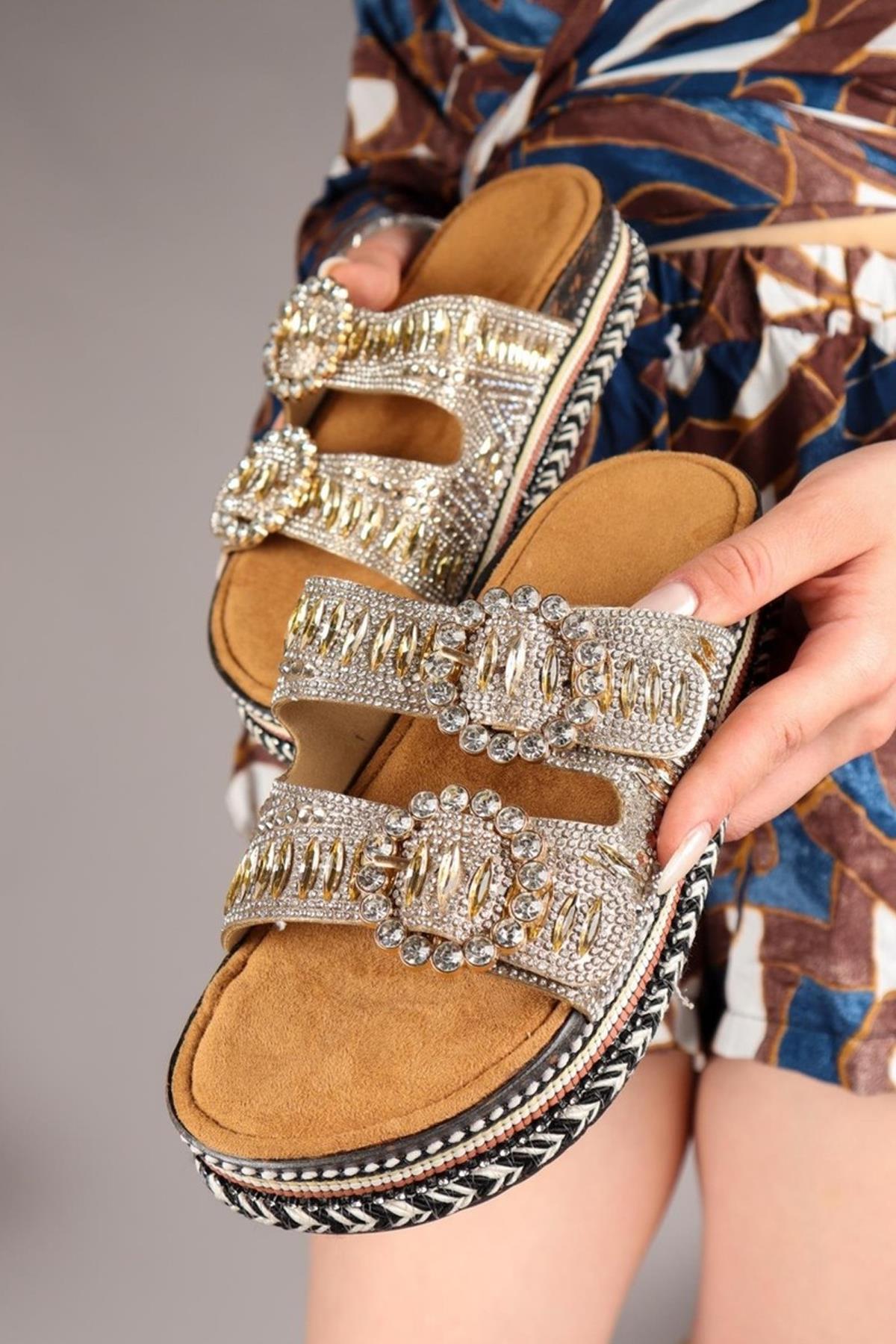 Elit BTBSJ02 Kadın Taşlı Düz Terlik  Altın