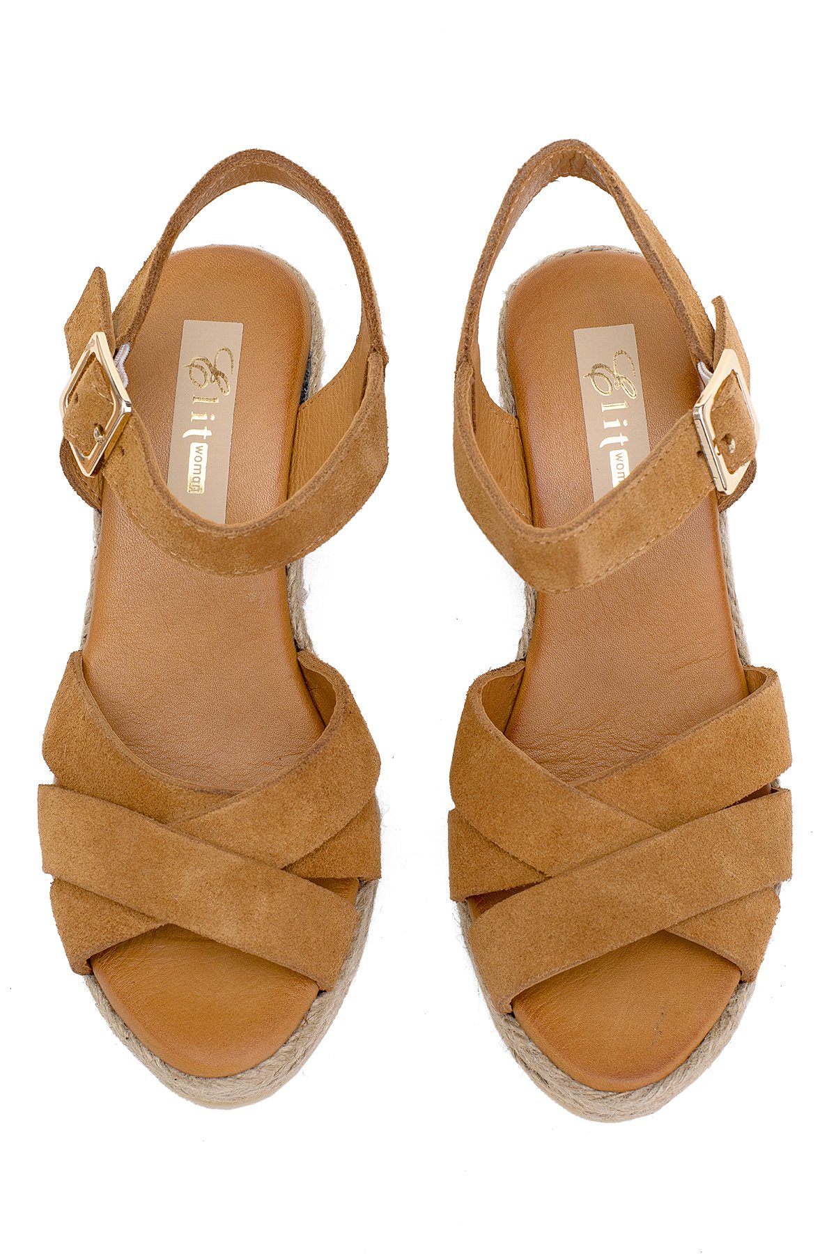 Elit Delina Kadın Hakiki Süet Deri Dolgu Topuk Sandalet Taba