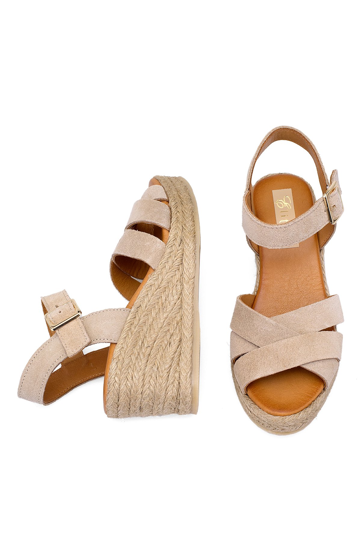 Elit Delina Kadın Hakiki Süet Deri Dolgu Topuk Sandalet Bej
