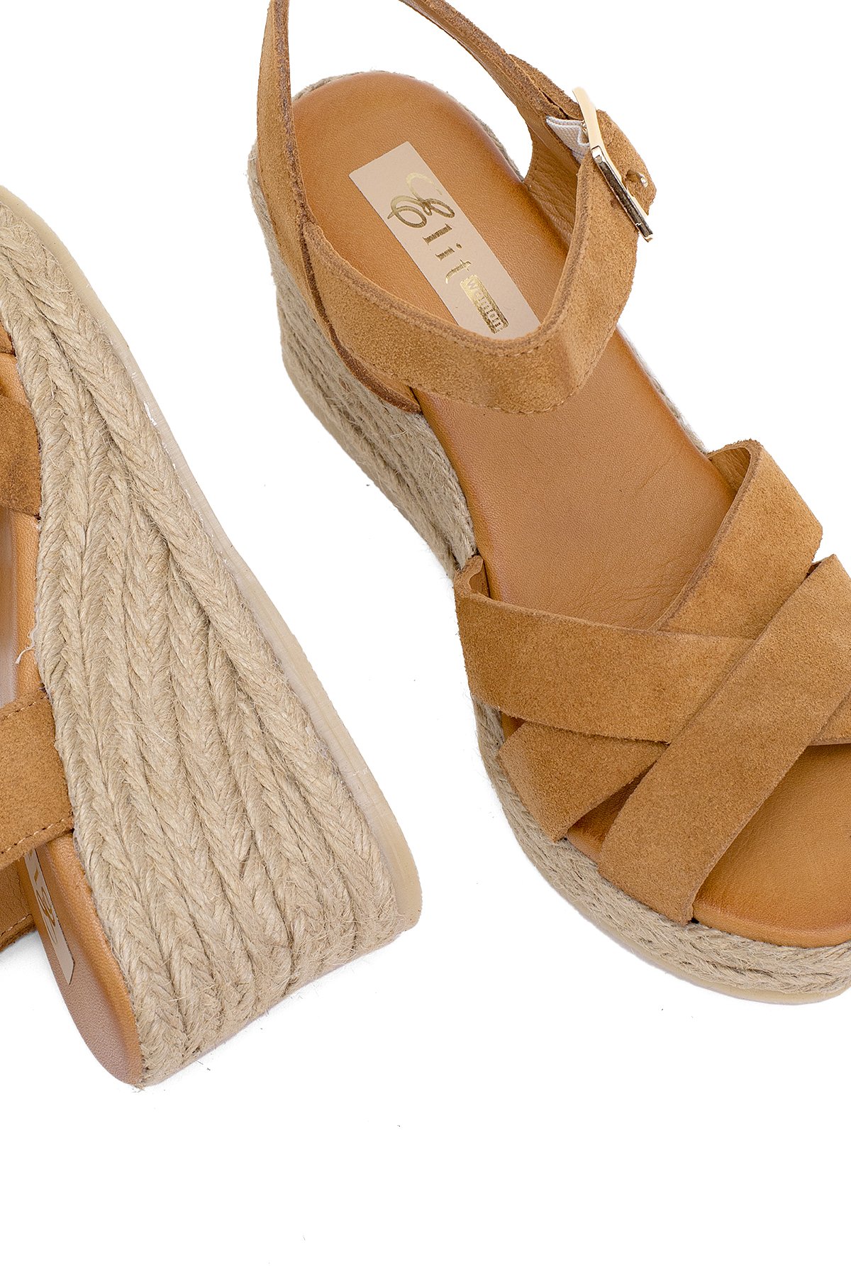 Elit Delina Kadın Hakiki Süet Deri Dolgu Topuk Sandalet Taba