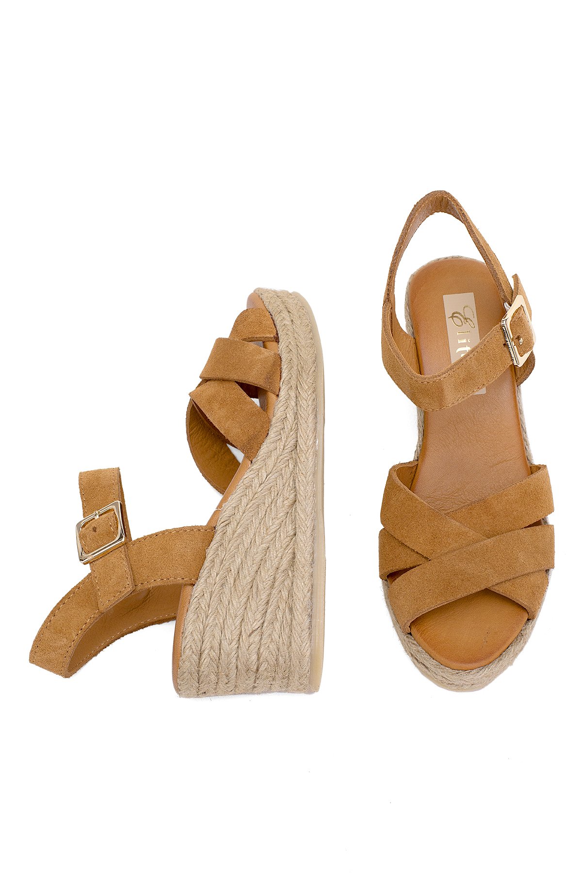 Elit Delina Kadın Hakiki Süet Deri Dolgu Topuk Sandalet Taba